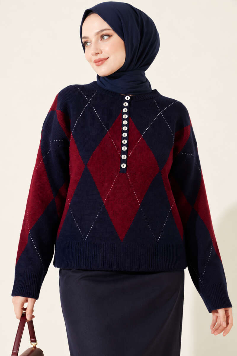 Diamond-Pattern Button Knit Sweater - Navy