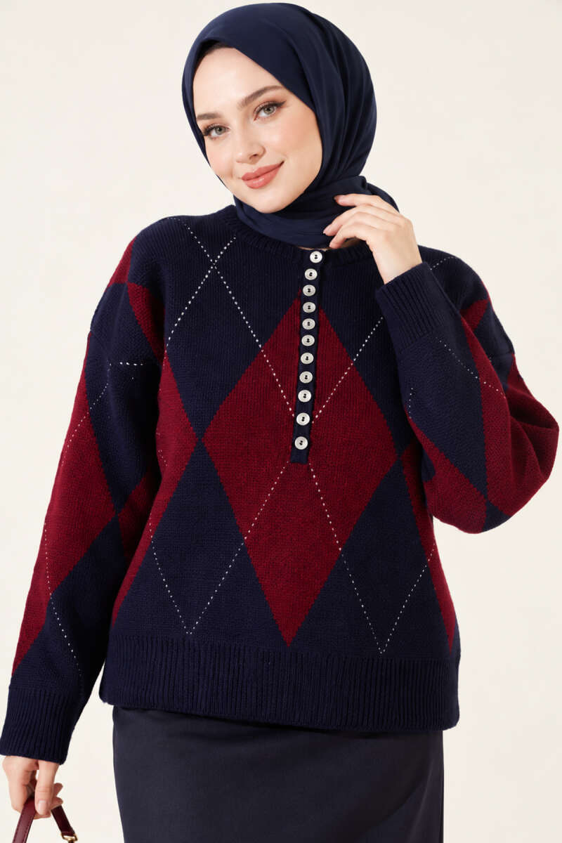 Diamond-Pattern Button Knit Sweater - Navy