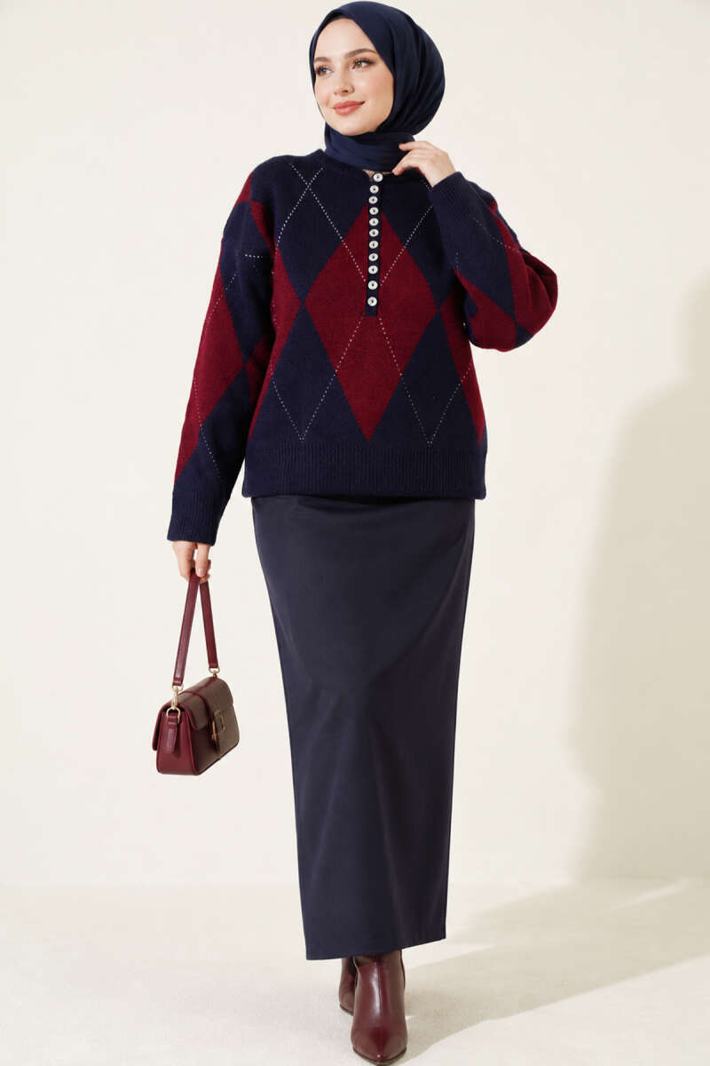 Diamond-Pattern Button Knit Sweater - Navy