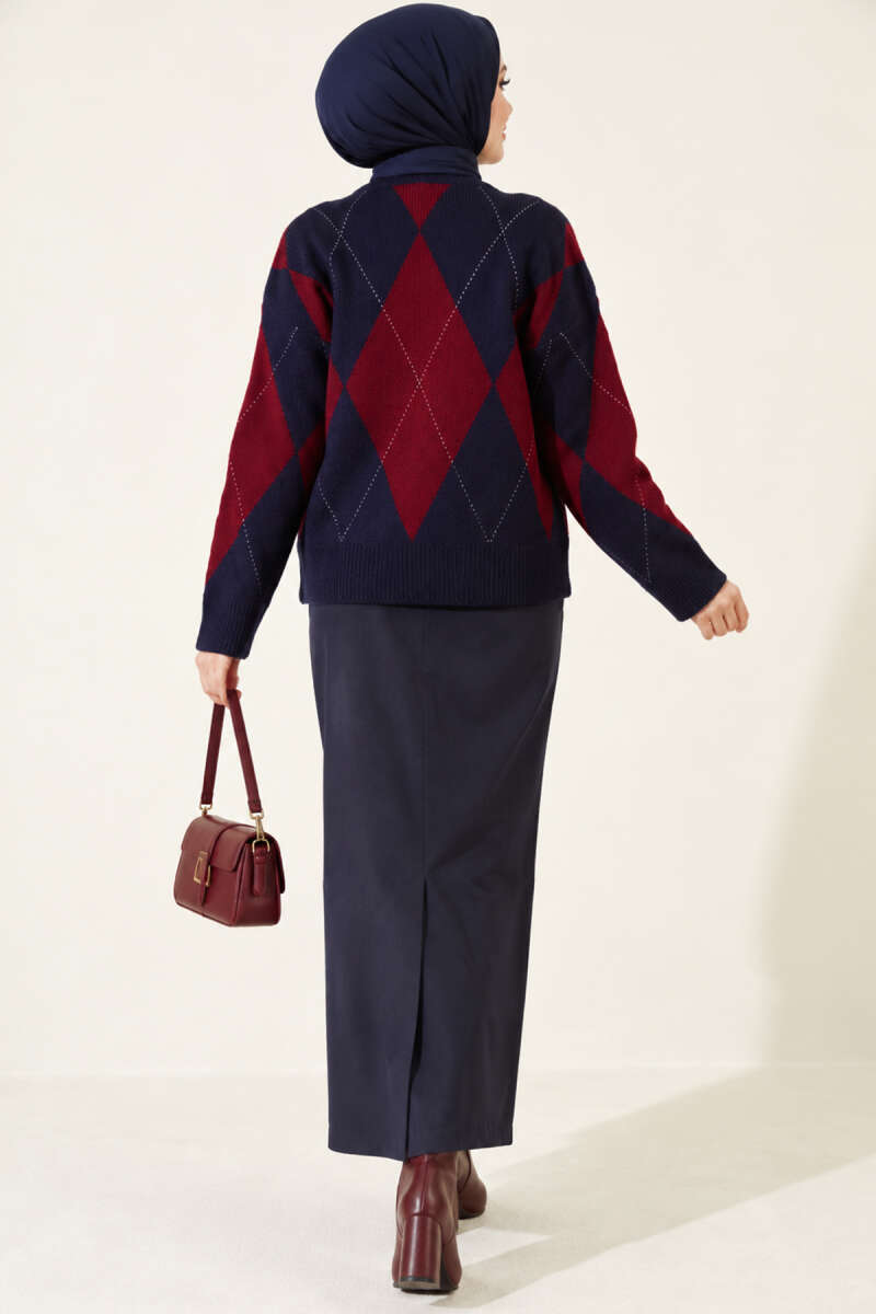Diamond-Pattern Button Knit Sweater - Navy