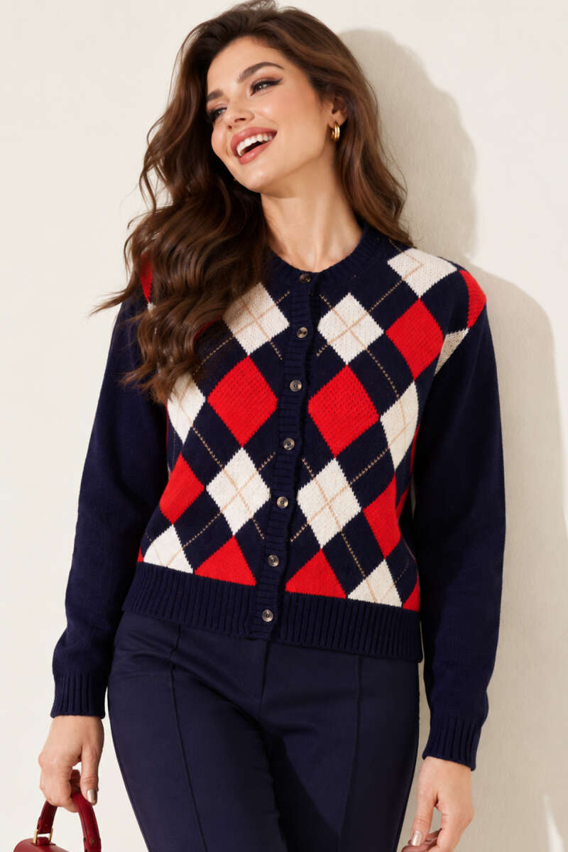Diamond Knit Button Cardigan - Navy