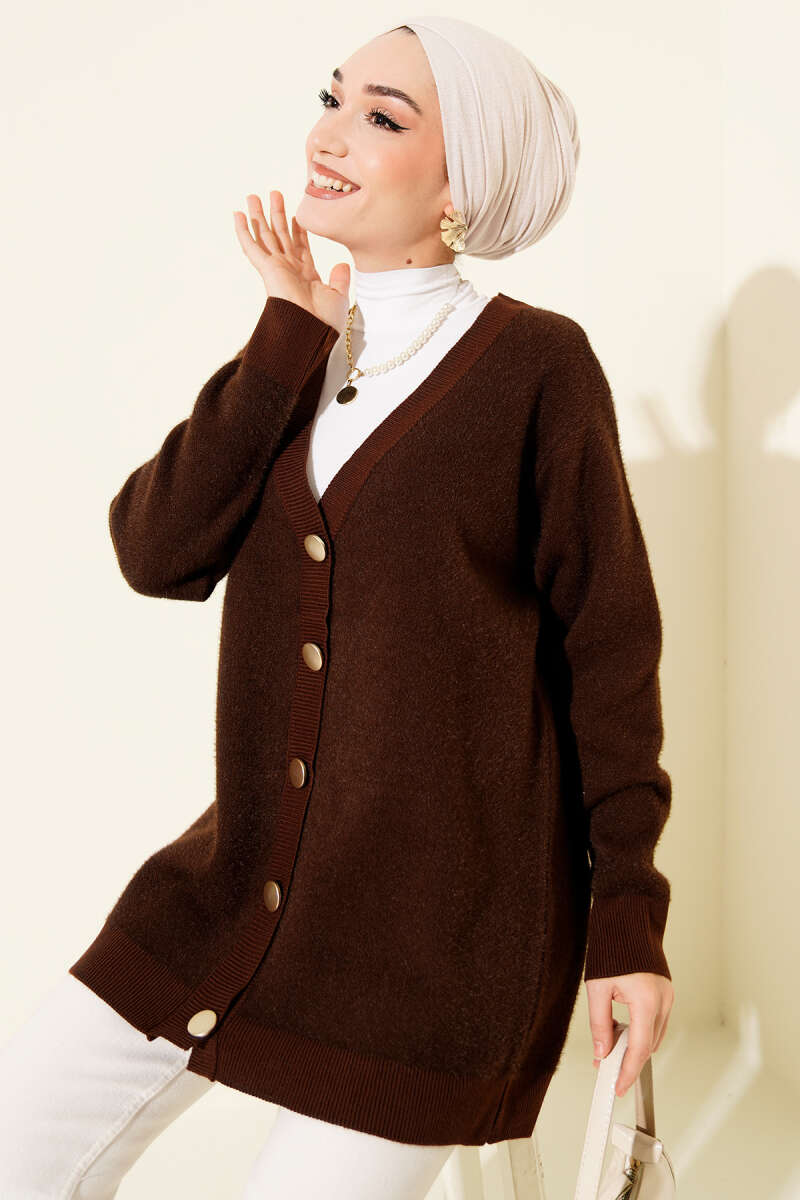 Basic Soft Knit Button Cardigan - Brown