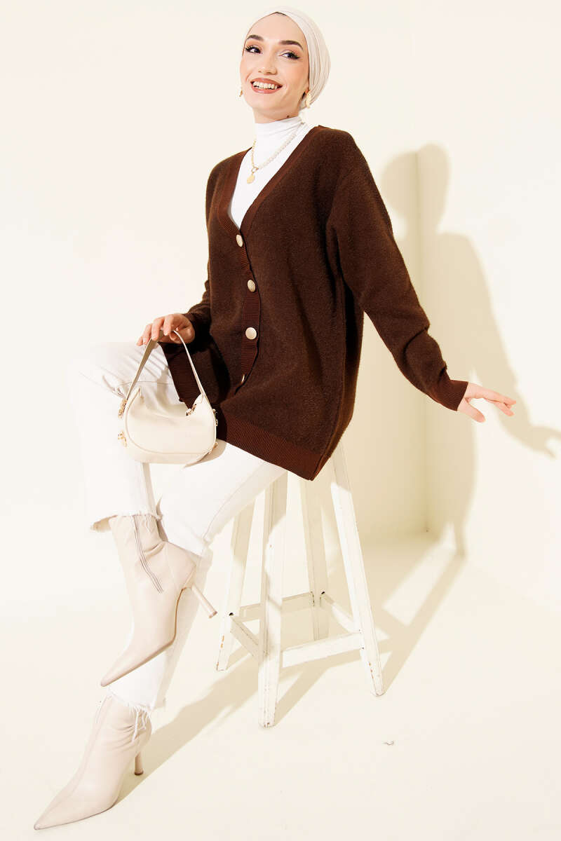 Basic Soft Knit Button Cardigan - Brown