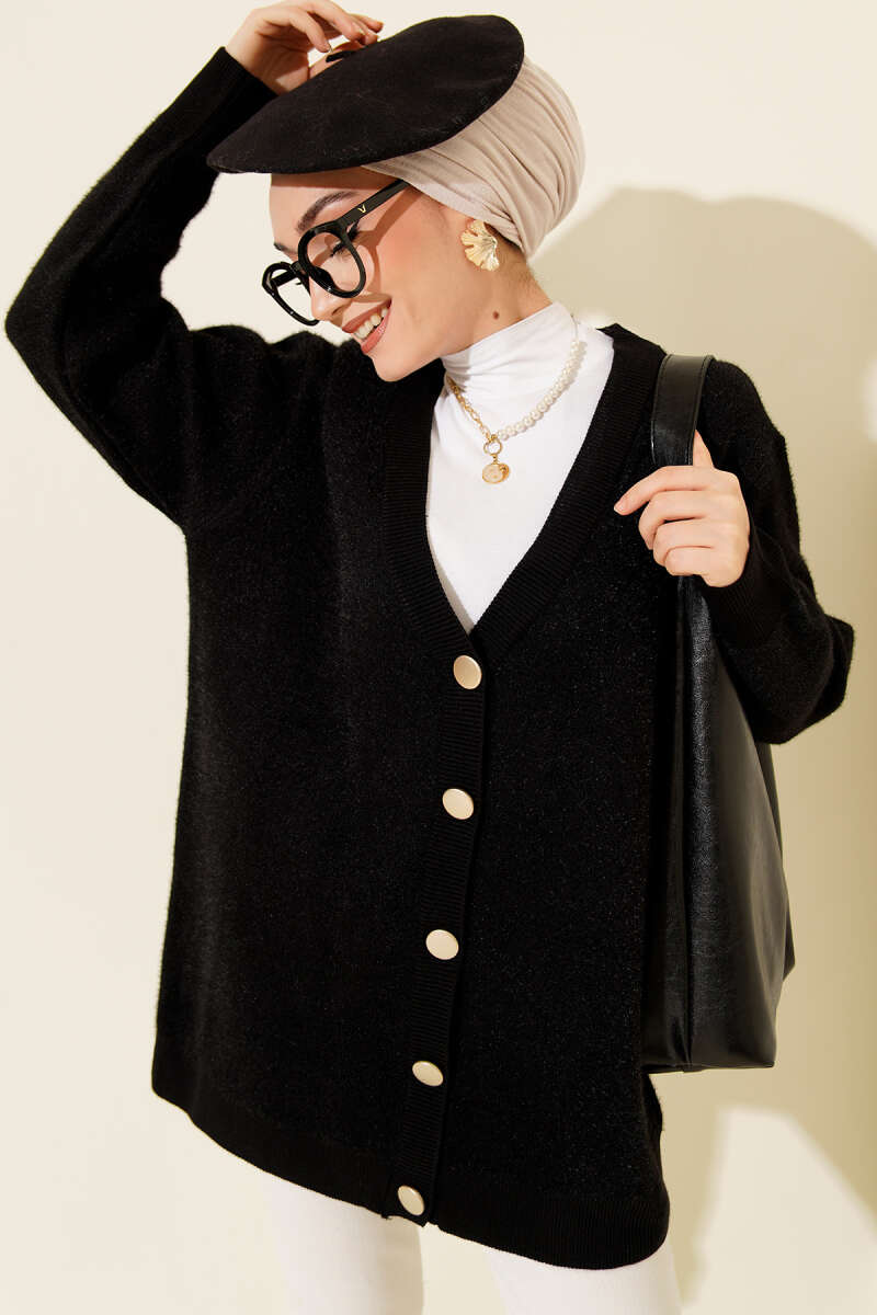 Basic Soft Knit Button Cardigan - Black