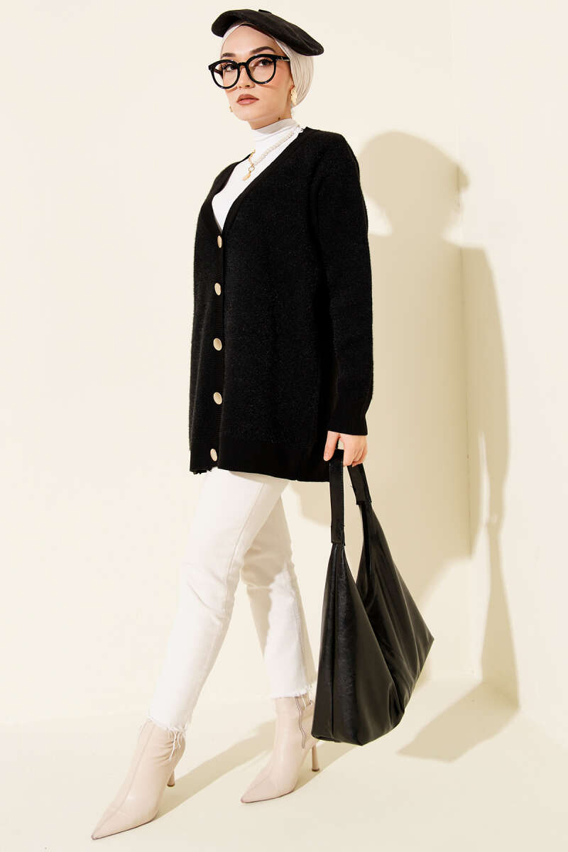 Basic Soft Knit Button Cardigan - Black