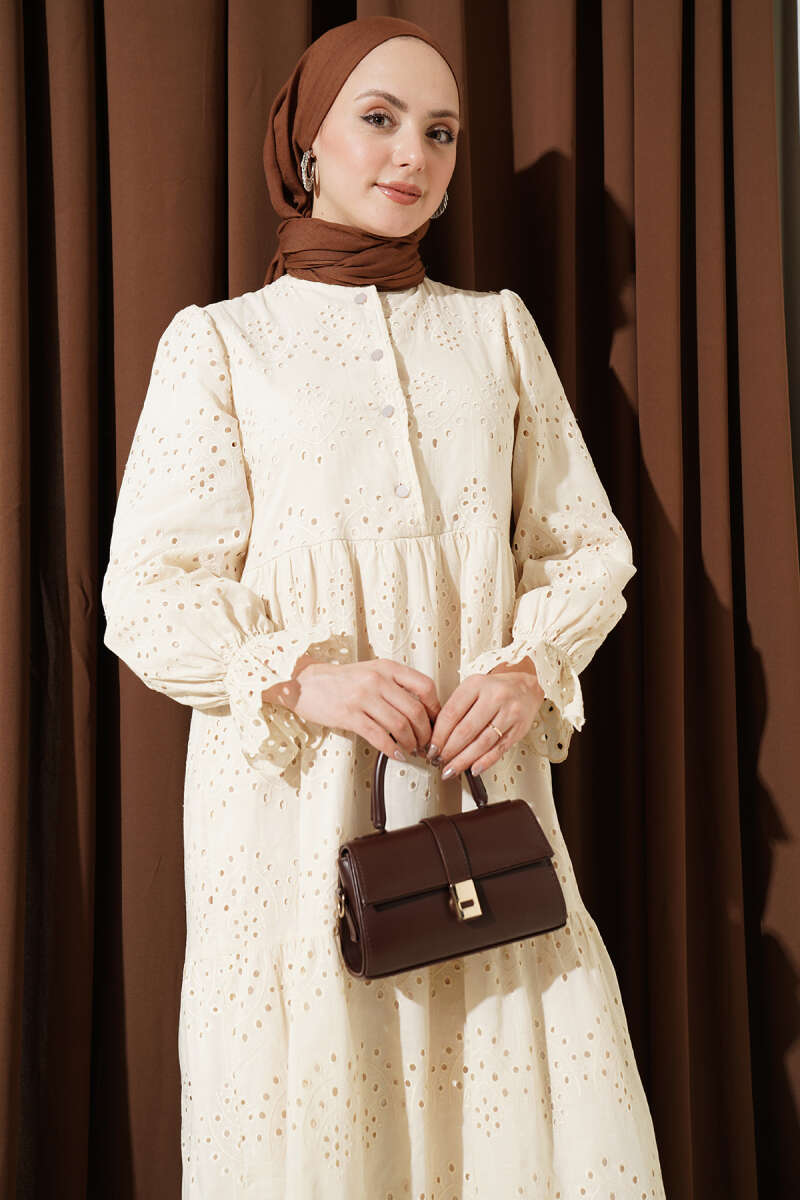 Button Broderie Dress with Elastic Cuffs - Beige