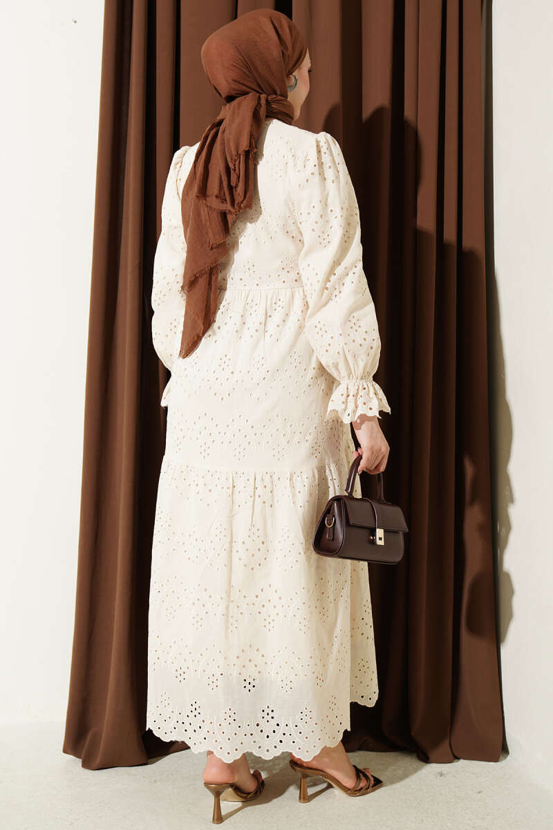 Button Broderie Dress with Elastic Cuffs - Beige