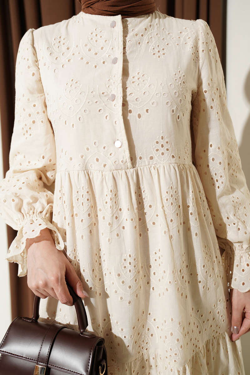 Button Broderie Dress with Elastic Cuffs - Beige