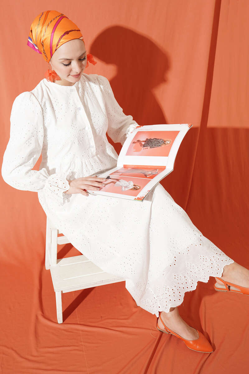 Button Broderie Dress with Elastic Cuffs - White