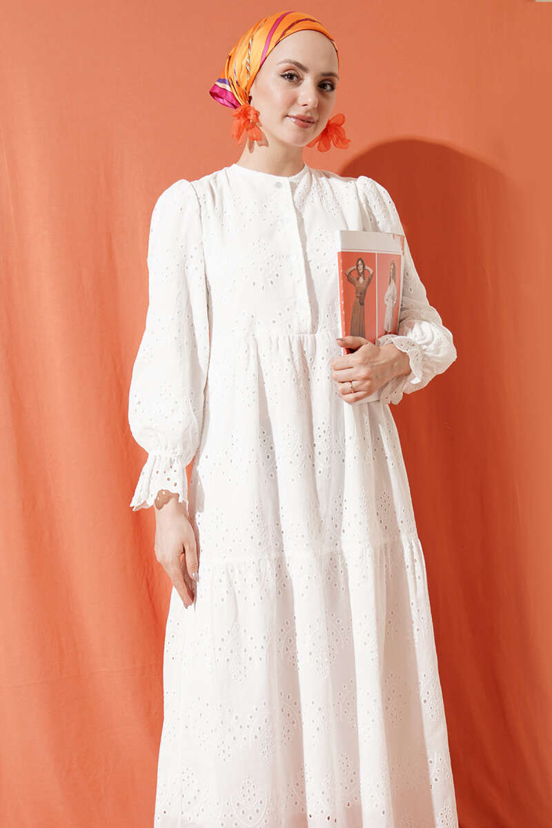 Button Broderie Dress with Elastic Cuffs - White