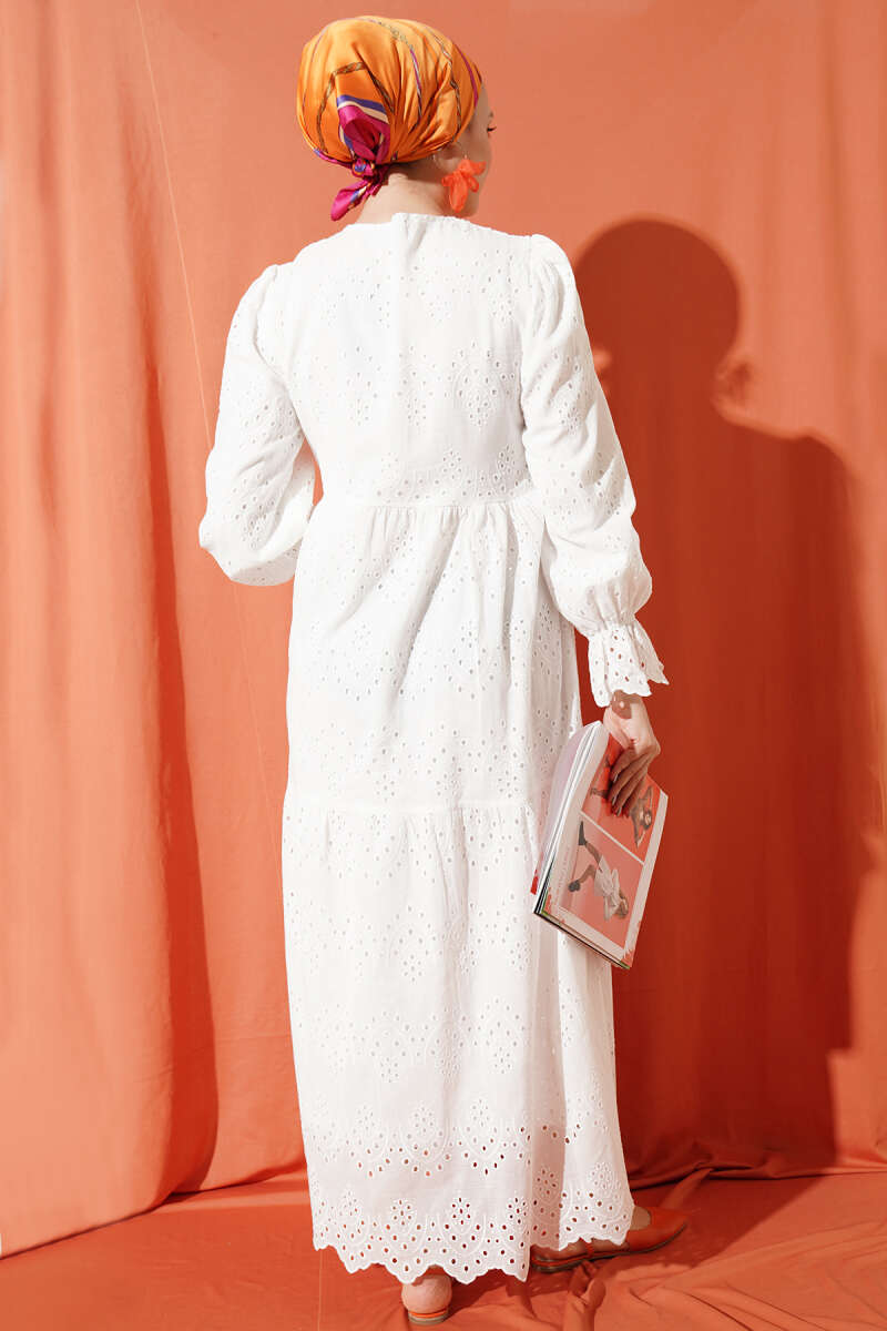 Button Broderie Dress with Elastic Cuffs - White