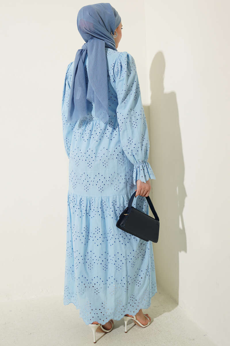 Button Broderie Dress with Elastic Cuffs - Blue