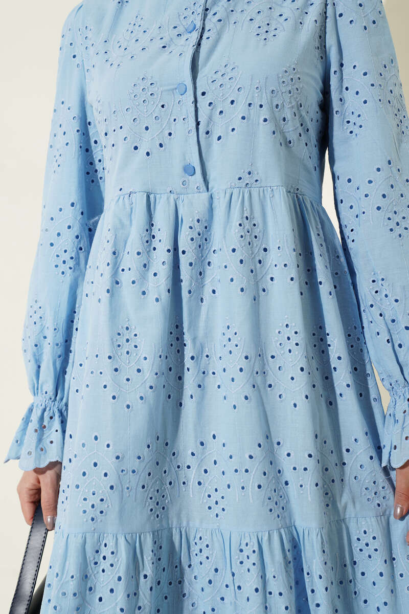 Button Broderie Dress with Elastic Cuffs - Blue