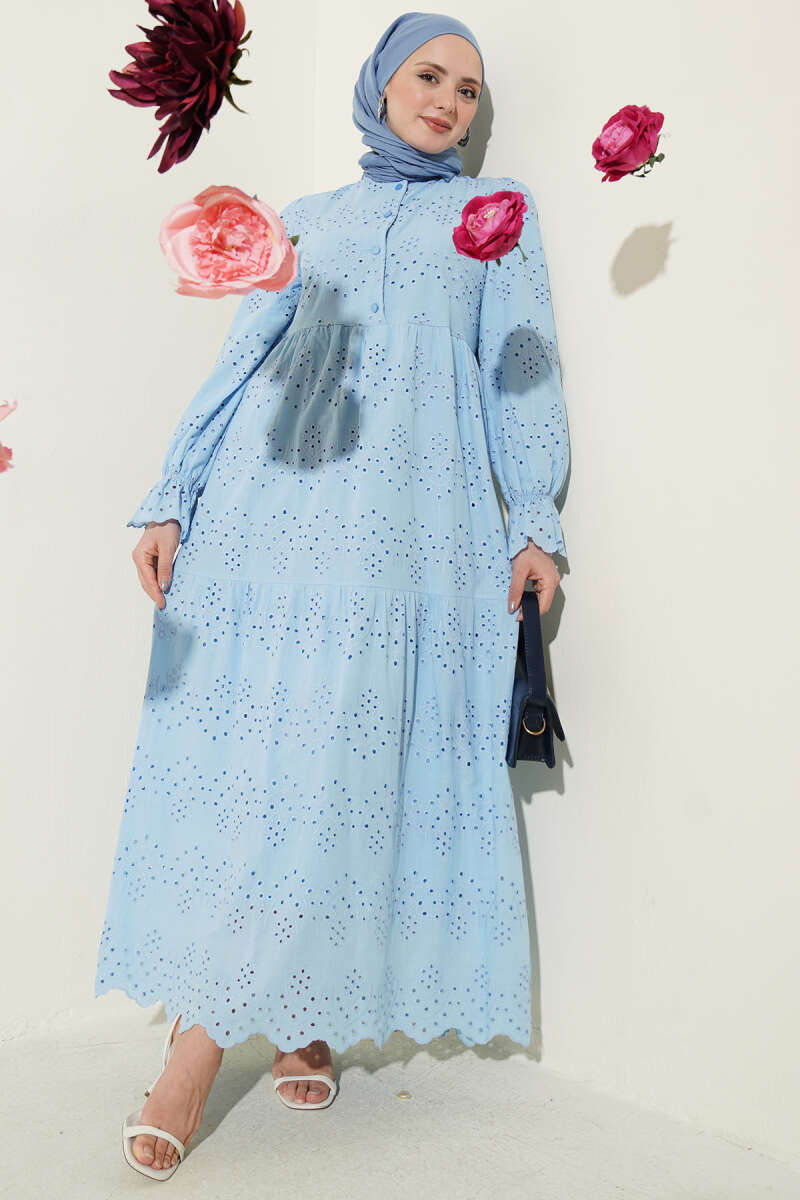 Button Broderie Dress with Elastic Cuffs - Blue