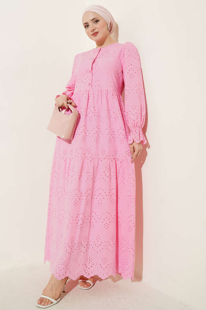 Button Broderie Dress with Elastic Cuffs - Pink
