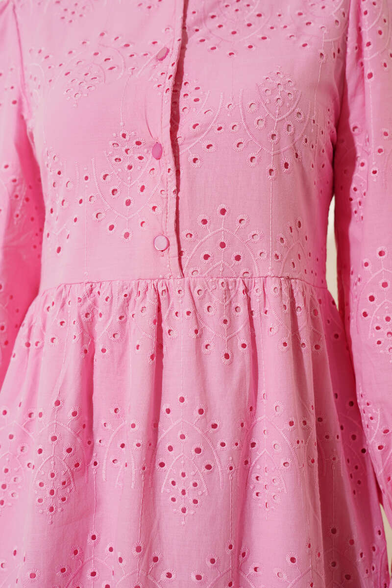Button Broderie Dress with Elastic Cuffs - Pink