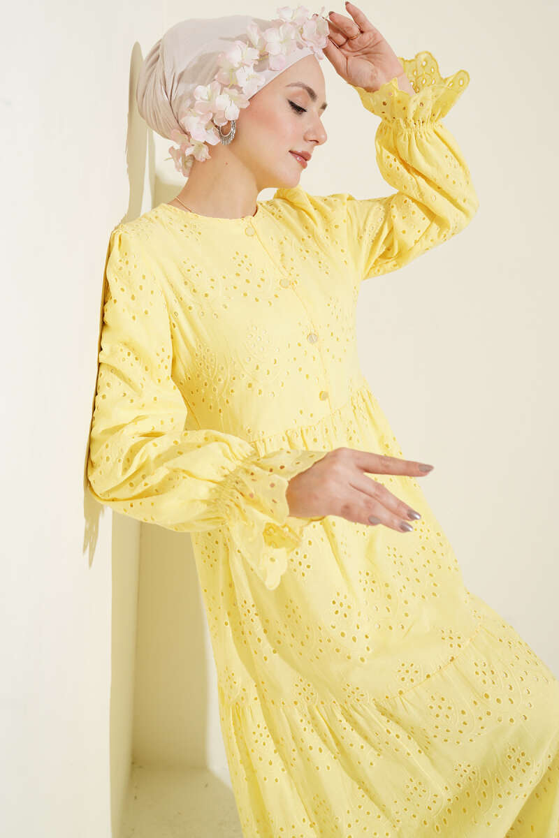 Button Broderie Dress with Elastic Cuffs - Yellow