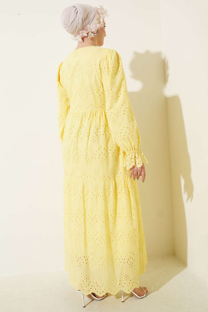 Button Broderie Dress with Elastic Cuffs - Yellow