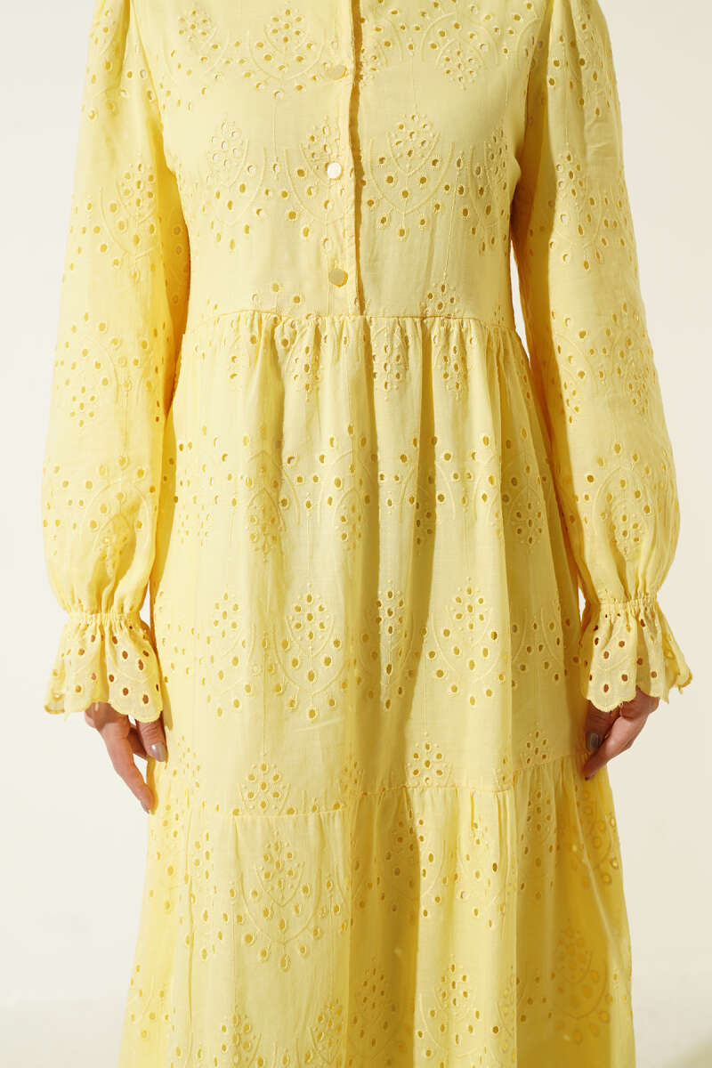 Button Broderie Dress with Elastic Cuffs - Yellow