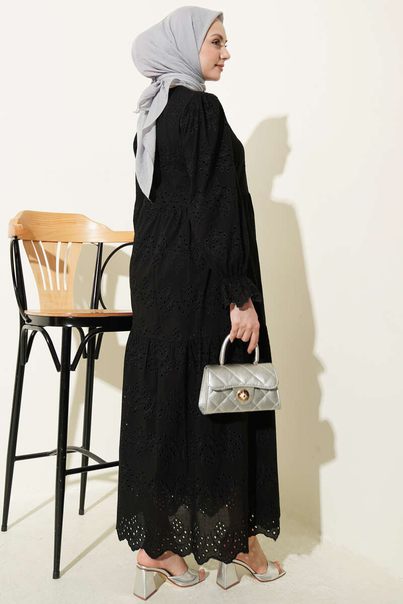 Button Broderie Dress with Elastic Cuffs - Black