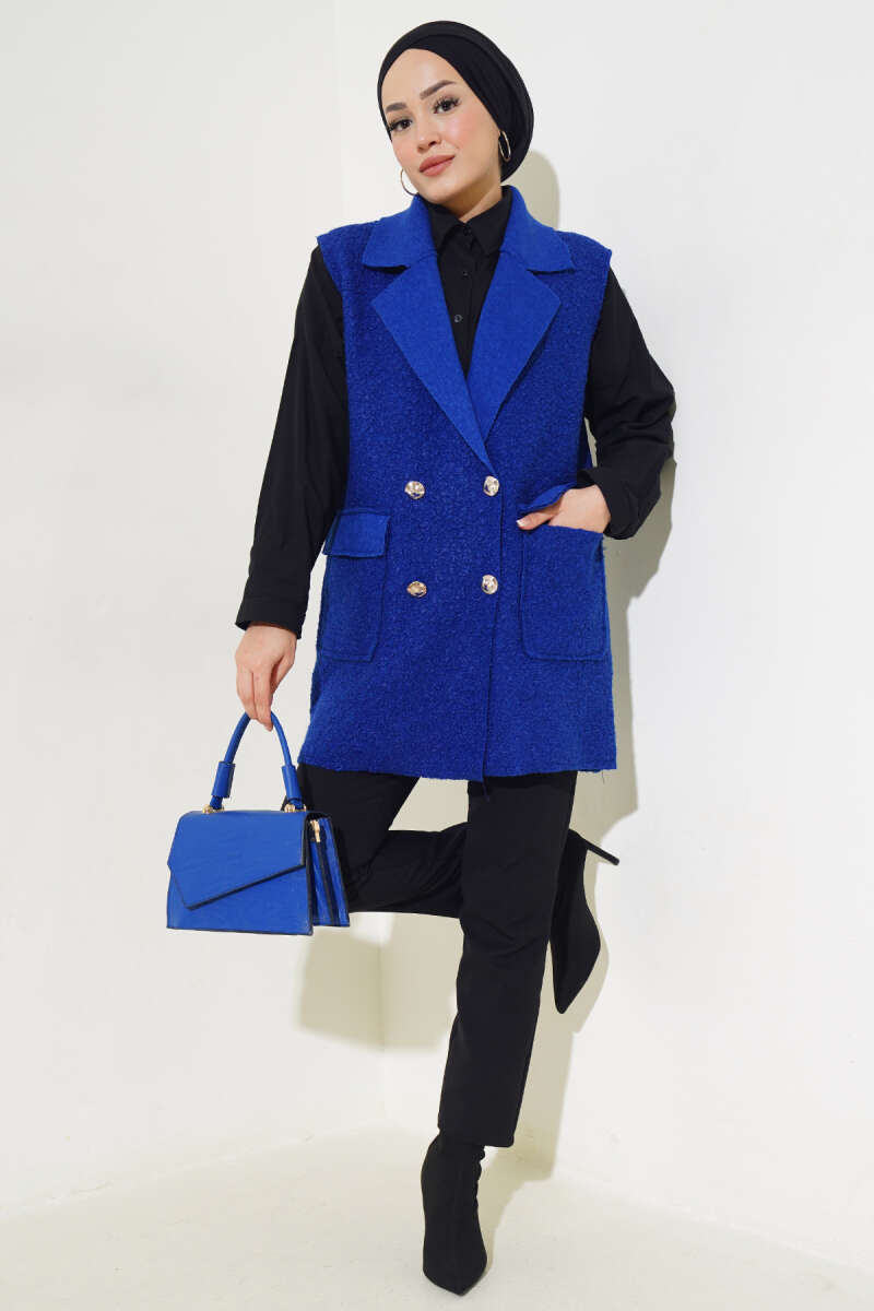 Button Bouclé Vest with Pockets - Saxe Blue
