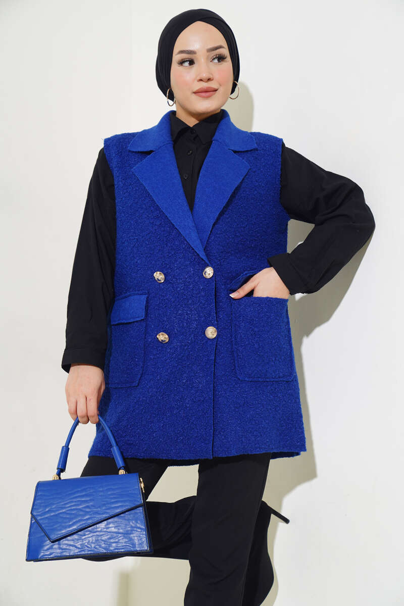 Button Bouclé Vest with Pockets - Saxe Blue