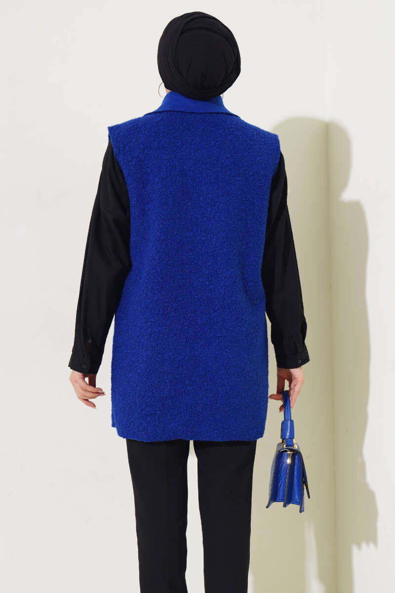 Button Bouclé Vest with Pockets - Saxe Blue