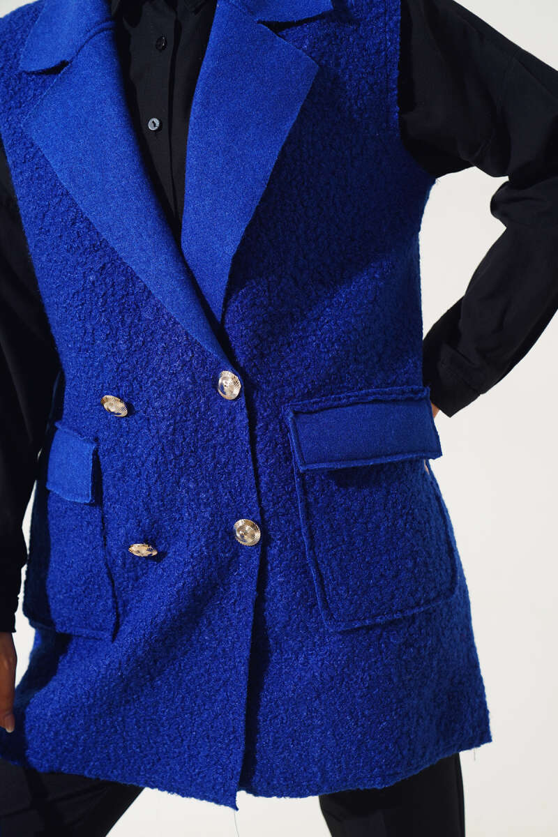 Button Bouclé Vest with Pockets - Saxe Blue