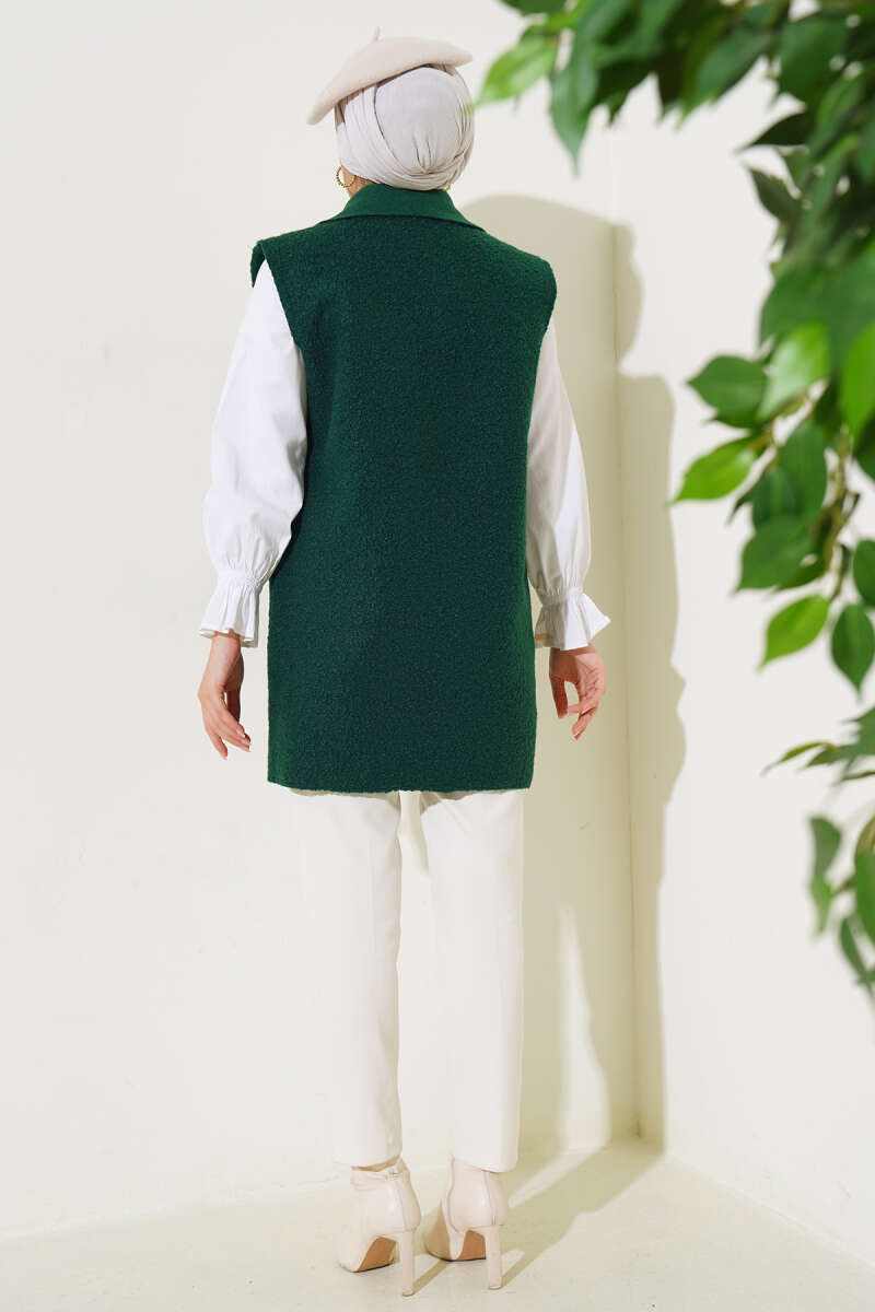 Button Bouclé Vest with Pockets - Emerald