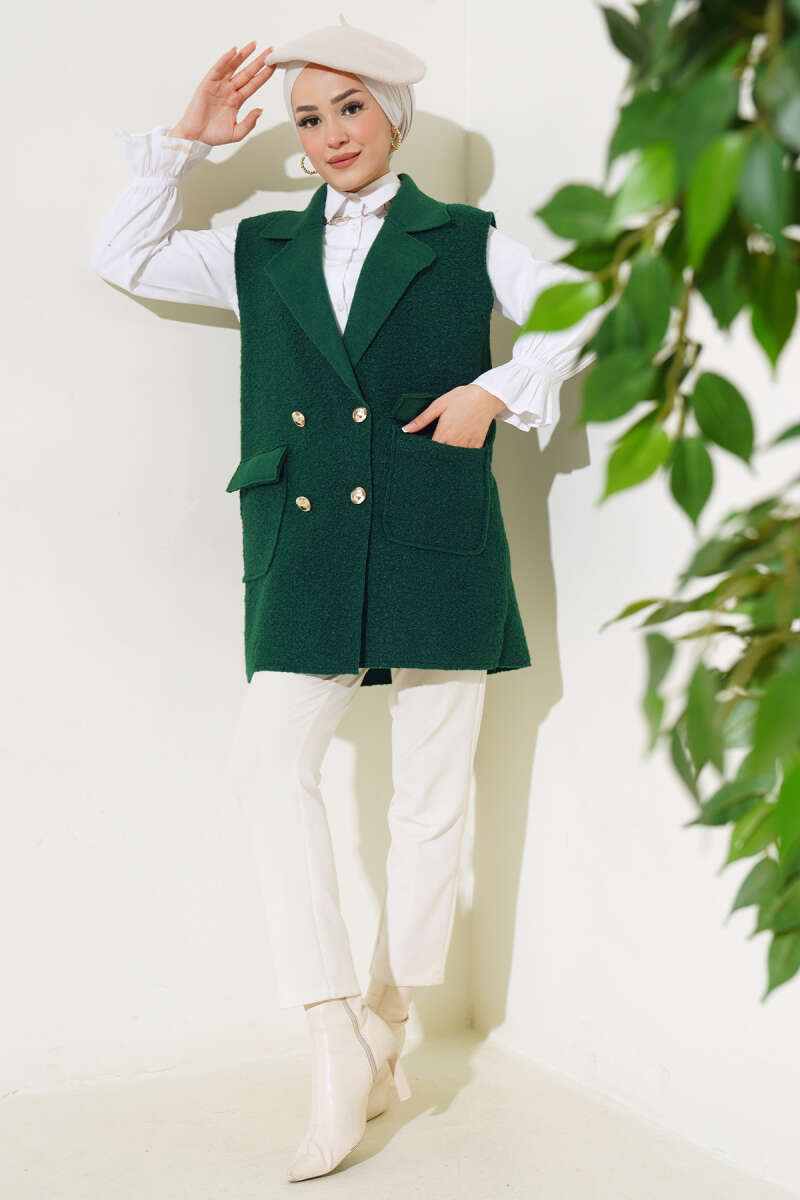 Button Bouclé Vest with Pockets - Emerald