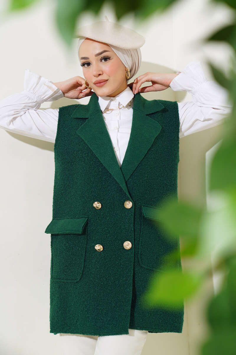Button Bouclé Vest with Pockets - Emerald