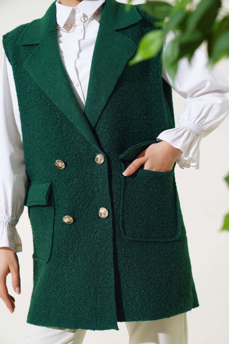 Button Bouclé Vest with Pockets - Emerald