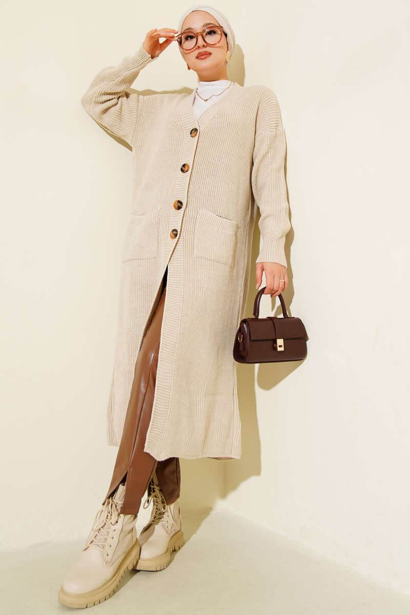 Long Button Knit Cardigan with Pockets - Beige