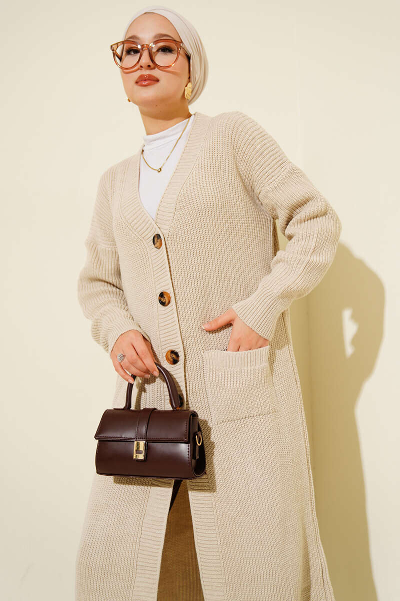 Long Button Knit Cardigan with Pockets - Beige