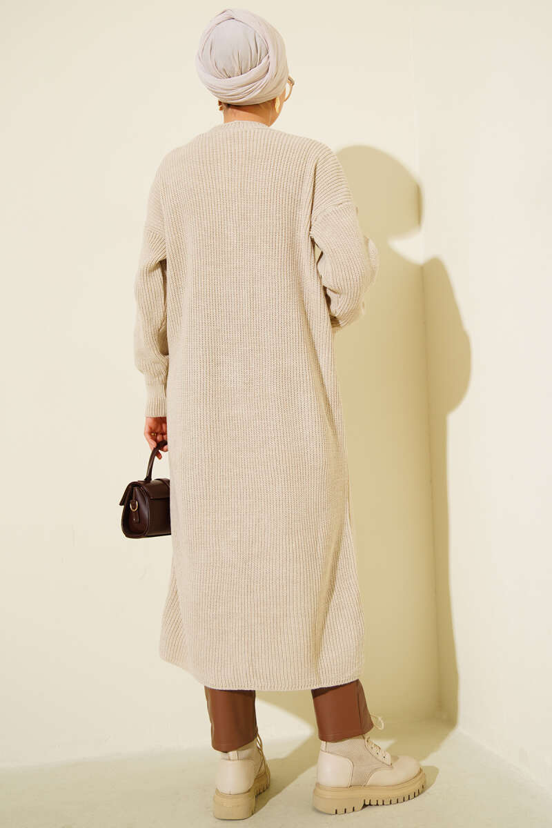 Long Button Knit Cardigan with Pockets - Beige