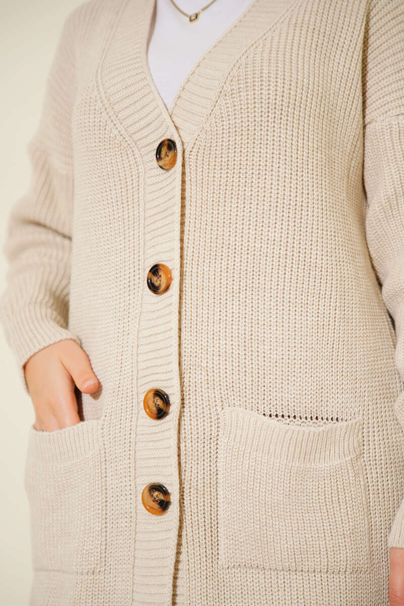 Long Button Knit Cardigan with Pockets - Beige