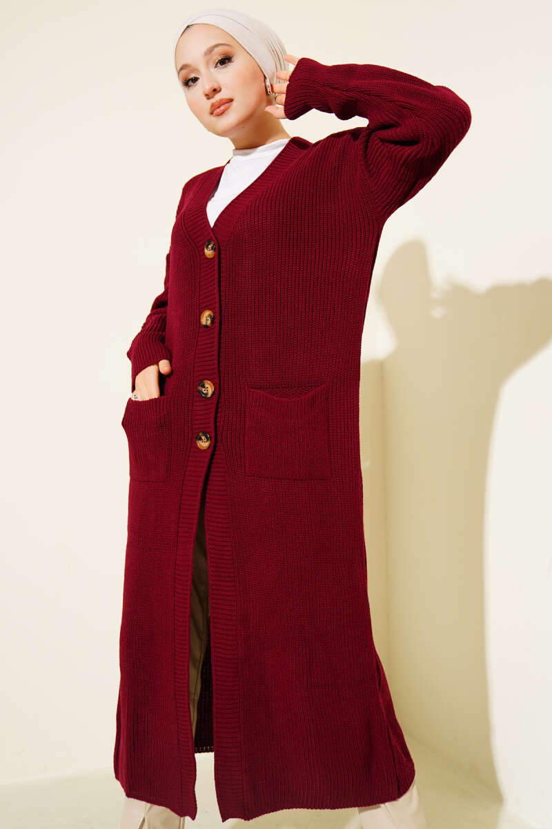 Long Button Knit Cardigan with Pockets - Burgundy