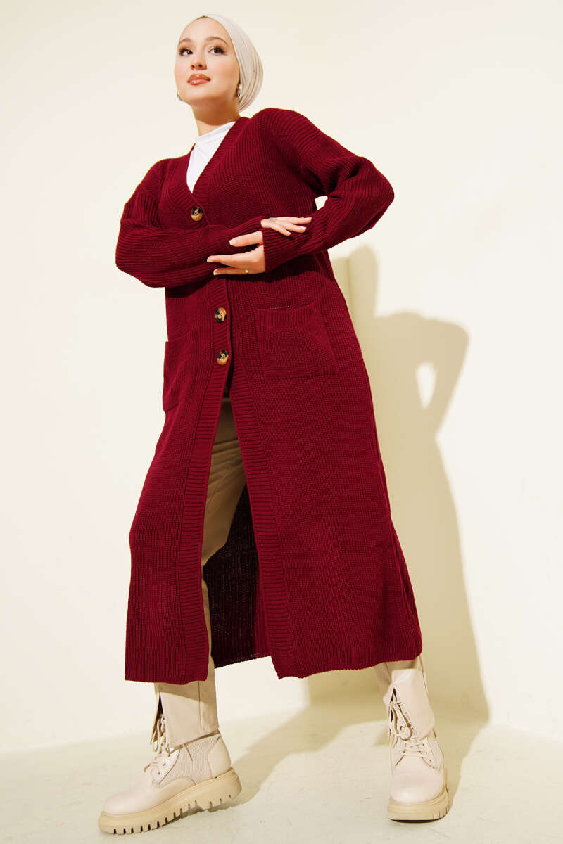 Long Button Knit Cardigan with Pockets - Burgundy