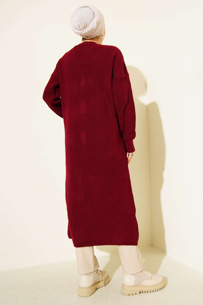 Long Button Knit Cardigan with Pockets - Burgundy