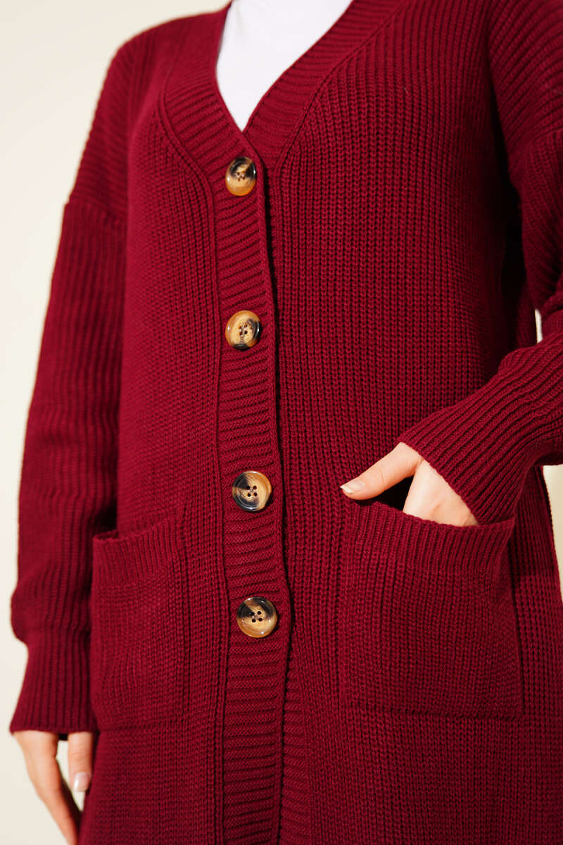 Long Button Knit Cardigan with Pockets - Burgundy