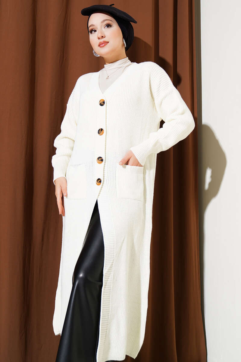 Long Button Knit Cardigan with Pockets - Ecru