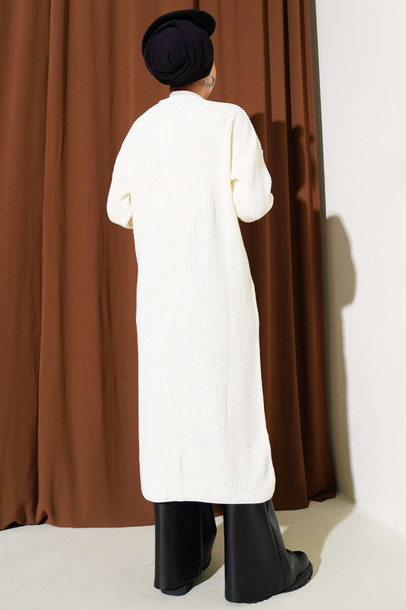 Long Button Knit Cardigan with Pockets - Ecru