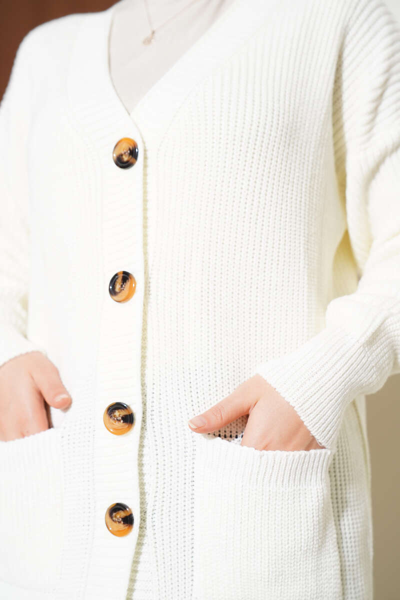 Long Button Knit Cardigan with Pockets - Ecru