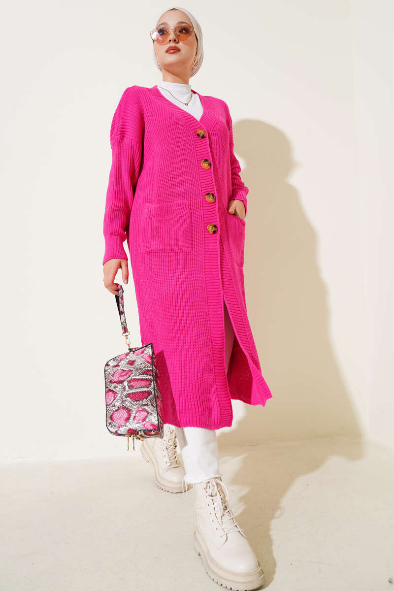 Long Button Knit Cardigan with Pockets - Fuchsia