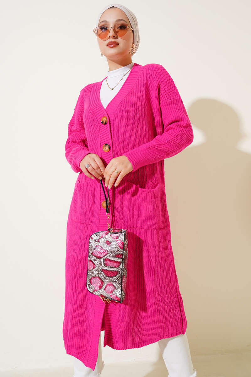 Long Button Knit Cardigan with Pockets - Fuchsia
