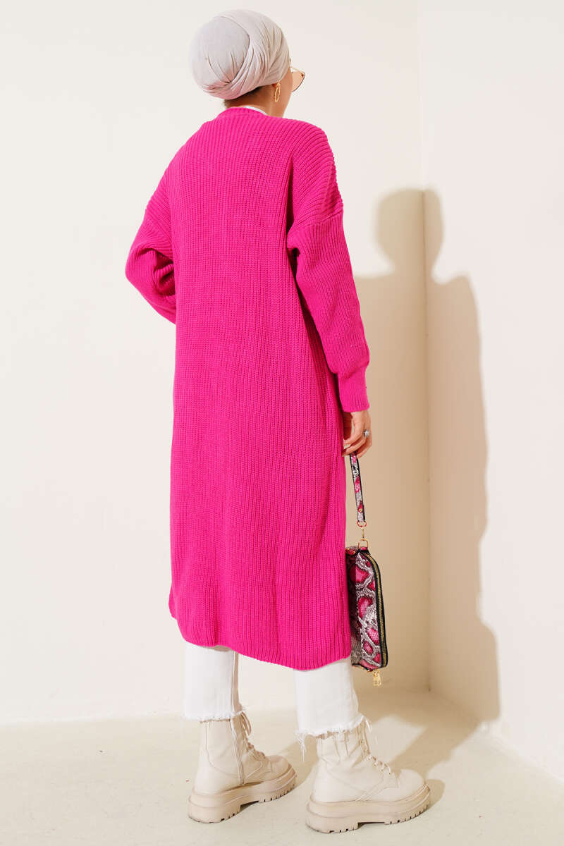 Long Button Knit Cardigan with Pockets - Fuchsia