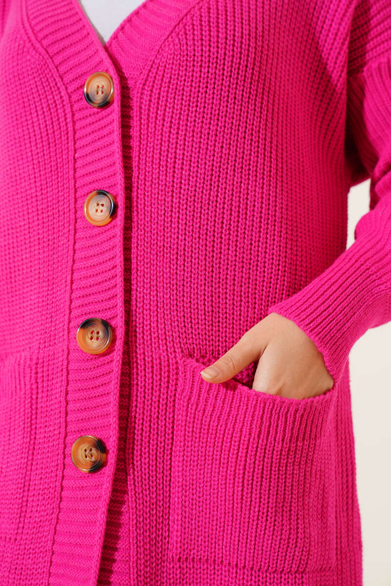 Long Button Knit Cardigan with Pockets - Fuchsia