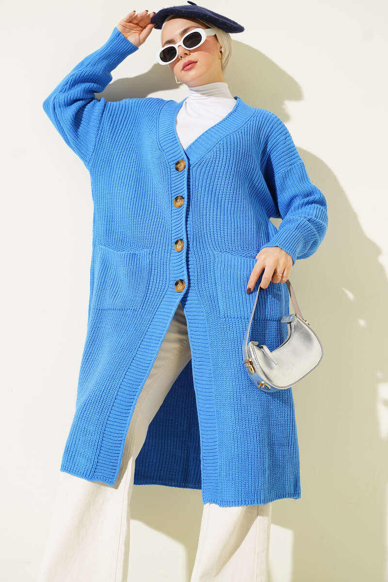 Long Button Knit Cardigan with Pockets - Blue
