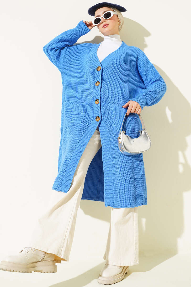 Long Button Knit Cardigan with Pockets - Blue