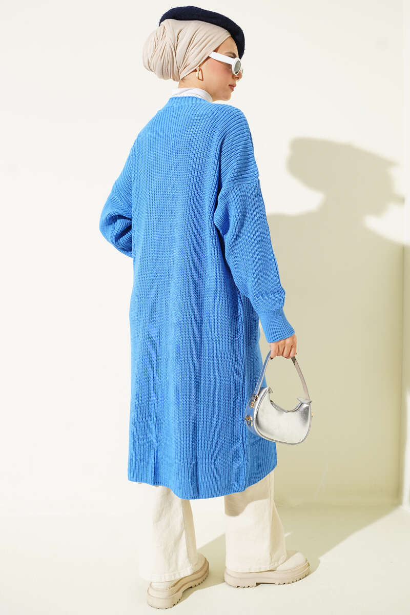 Long Button Knit Cardigan with Pockets - Blue